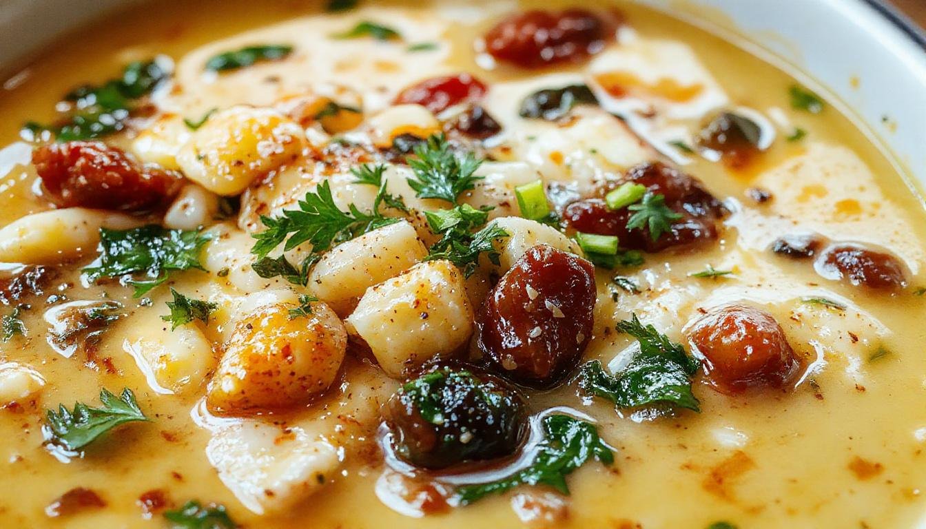 A bowl of Pasta e Fagioli Soup featuring a hearty mix of small pasta, creamy beans, and diced tomatoes, garnished with fresh parsley and grated Parmesan, served in a rustic white bowl on a wooden table with a bread side.