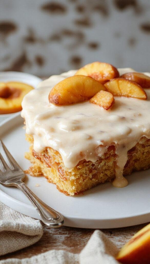 A slice of Peach Cake with Brown Sugar Frosting on a plate, garnished with fresh peach slices and a sprig of mint.