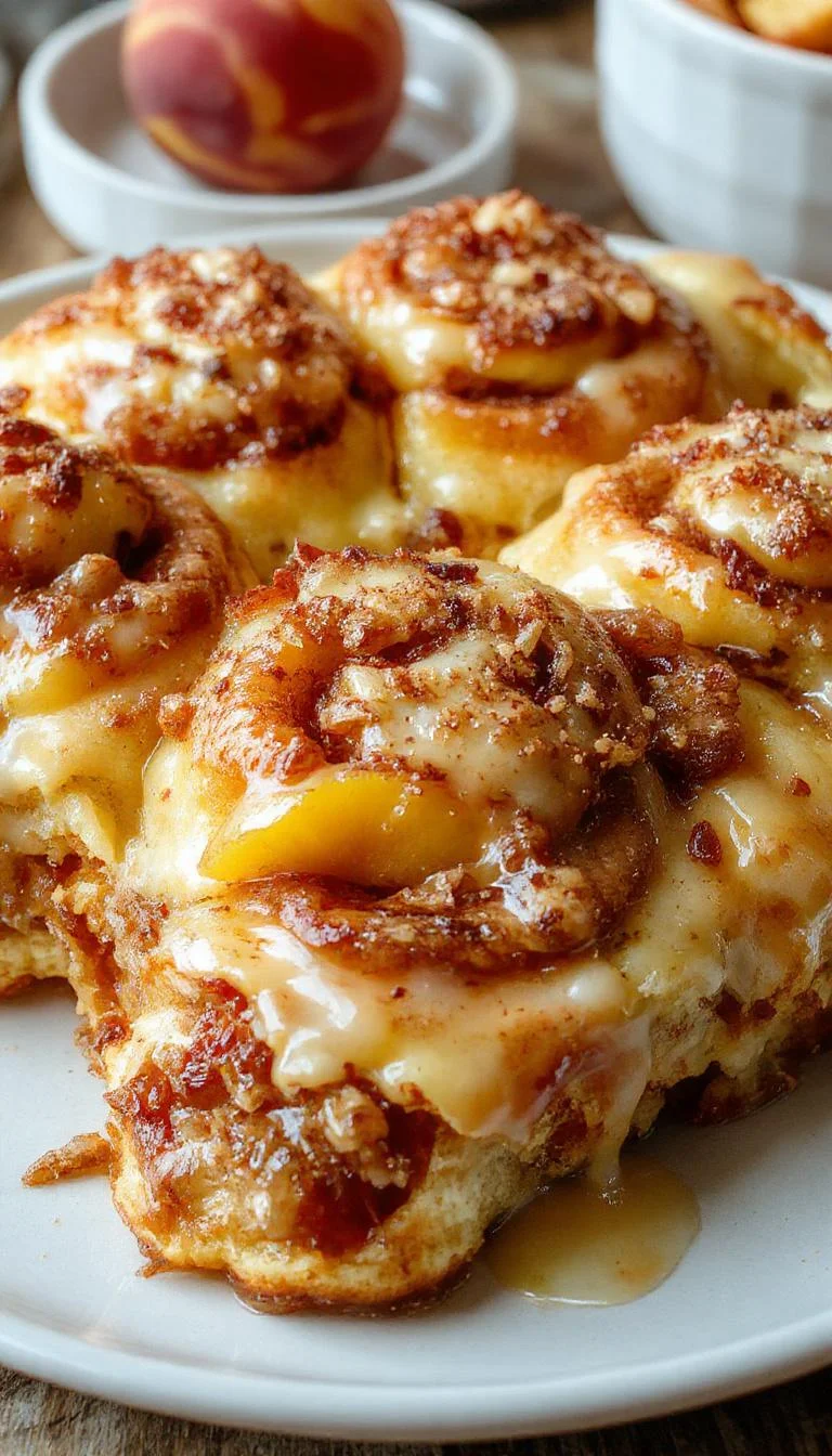 A warm plate of Peach Cobbler Cinnamon Rolls topped with icing, showcasing golden-brown rolls filled with juicy peaches and cinnamon.