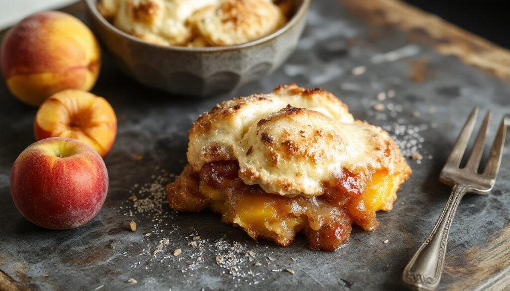 A golden-brown peach cobbler with a flaky biscuit topping sits in a rustic ceramic dish. Juicy peach filling peeks through the cracks in the biscuit crust, with a few slices of fresh peach on the side. The dish is garnished with a dollop of whipped cream and a sprig of mint, set on a wooden table with warm, natural lighting highlighting the dessert's inviting texture and vibrant color contrast.