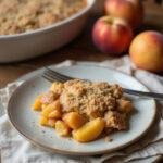 A peach crumble dessert plated on a ceramic dish in a cozy home setting, featuring a golden crumble topping and juicy peach filling, placed on a wooden table with a soft cloth and a fork nearby.