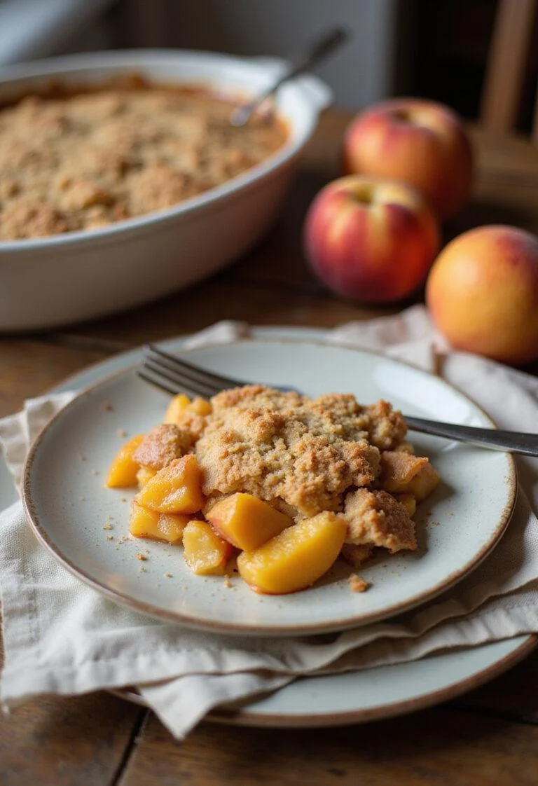A peach crumble dessert plated on a ceramic dish in a cozy home setting, featuring a golden crumble topping and juicy peach filling, placed on a wooden table with a soft cloth and a fork nearby.