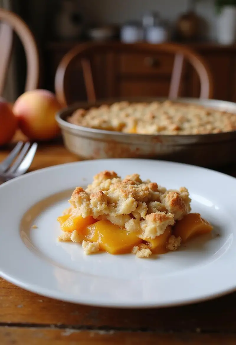 A peach crumble served on a white plate in a cozy home kitchen scene, with a golden crust and visible peach filling, arranged on a wooden table with a rustic kitchen backdrop.