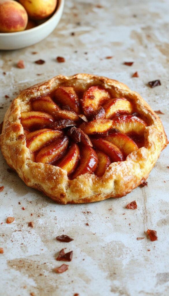 A rustic peach galette with golden, flaky crust filled with sliced ripe peaches and a dusting of powdered sugar, elegantly showcased on a wooden plate.