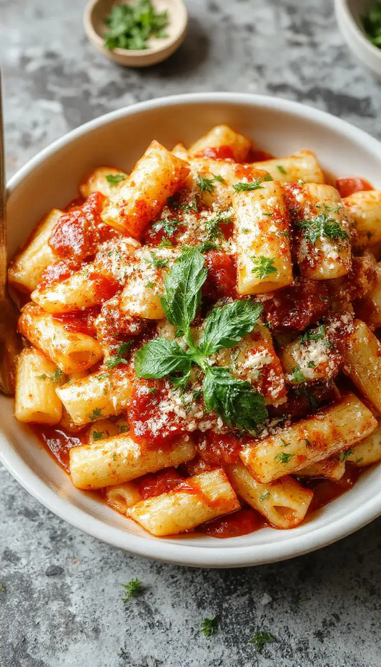 A bowl of Penne all'Arrabbiata pasta topped with fresh parsley and sprinkled with red chili flakes, showcasing vibrant red sauce and perfectly cooked pasta.