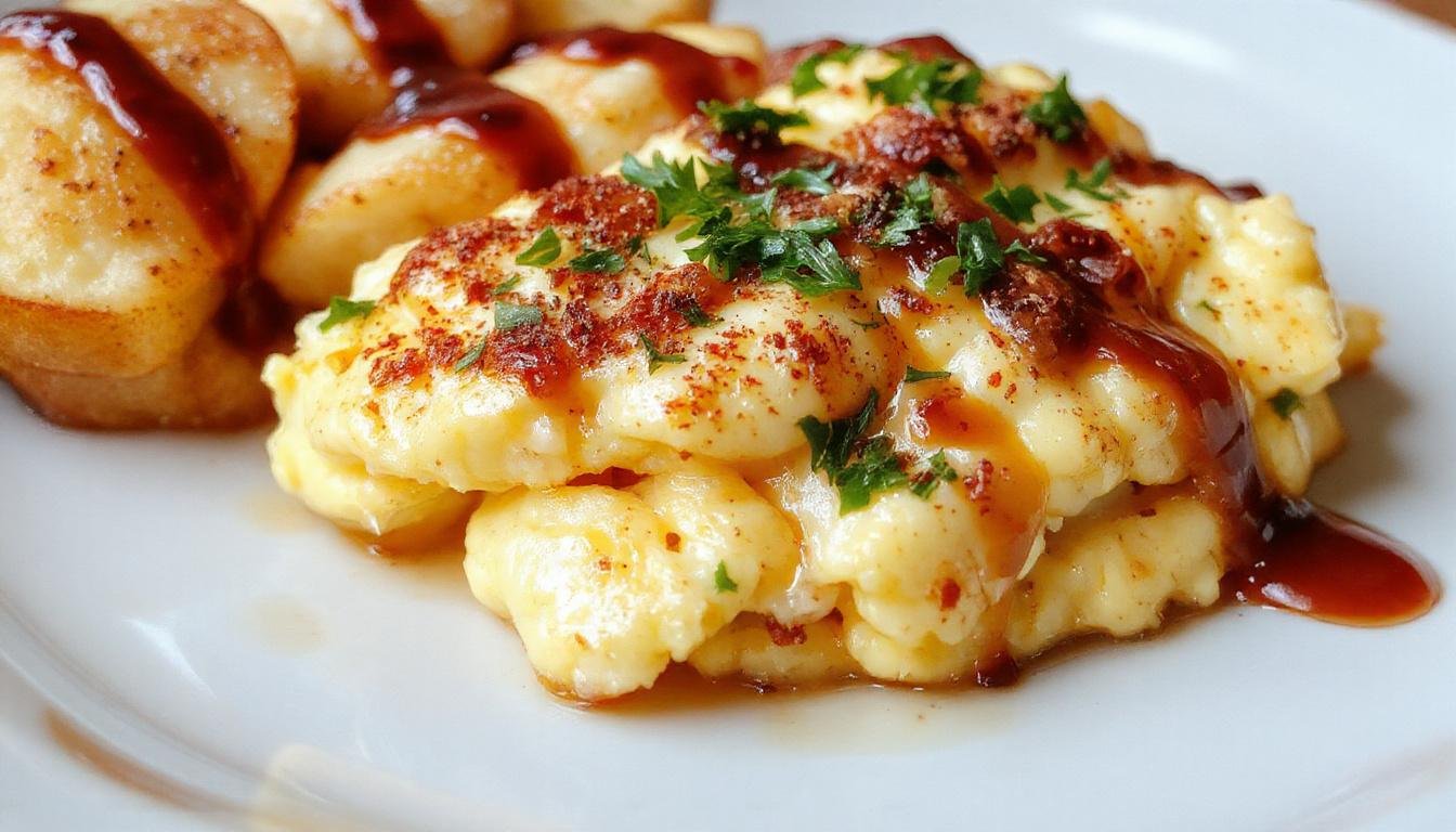 A close-up of fluffy scrambled eggs served on a white plate, garnished with fresh chives, showcasing their soft, airy texture and golden-yellow hue.