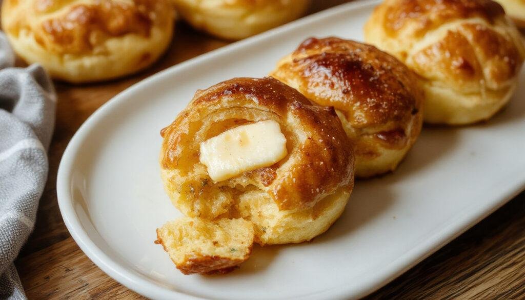 Golden-brown popovers with crisp, airy exteriors and fluffy interiors, displayed on a white plate with pat of melting butter on top, steam rising gently, set against a light, rustic background.
