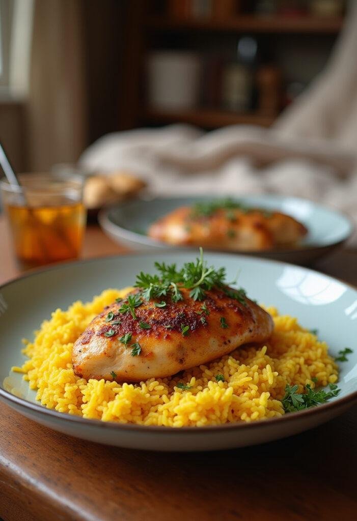 A home-style setting showing Persian Chicken plated with saffron rice and fresh herbs on a dinner plate in a cozy, warm dining space with soft lighting.