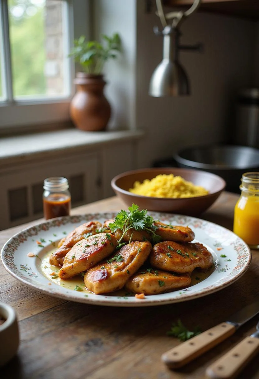 A professional kitchen setting featuring Persian Chicken on a plate with saffron rice and herbs, displayed on a clean countertop with kitchen utensils and spices nearby.