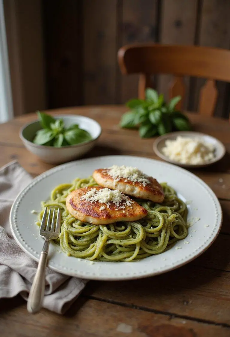 Realistic image of pesto pasta with Parmesan chicken, presented on a cozy home dining table, with basil and Parmesan as garnishes, showcasing warm and inviting decor.