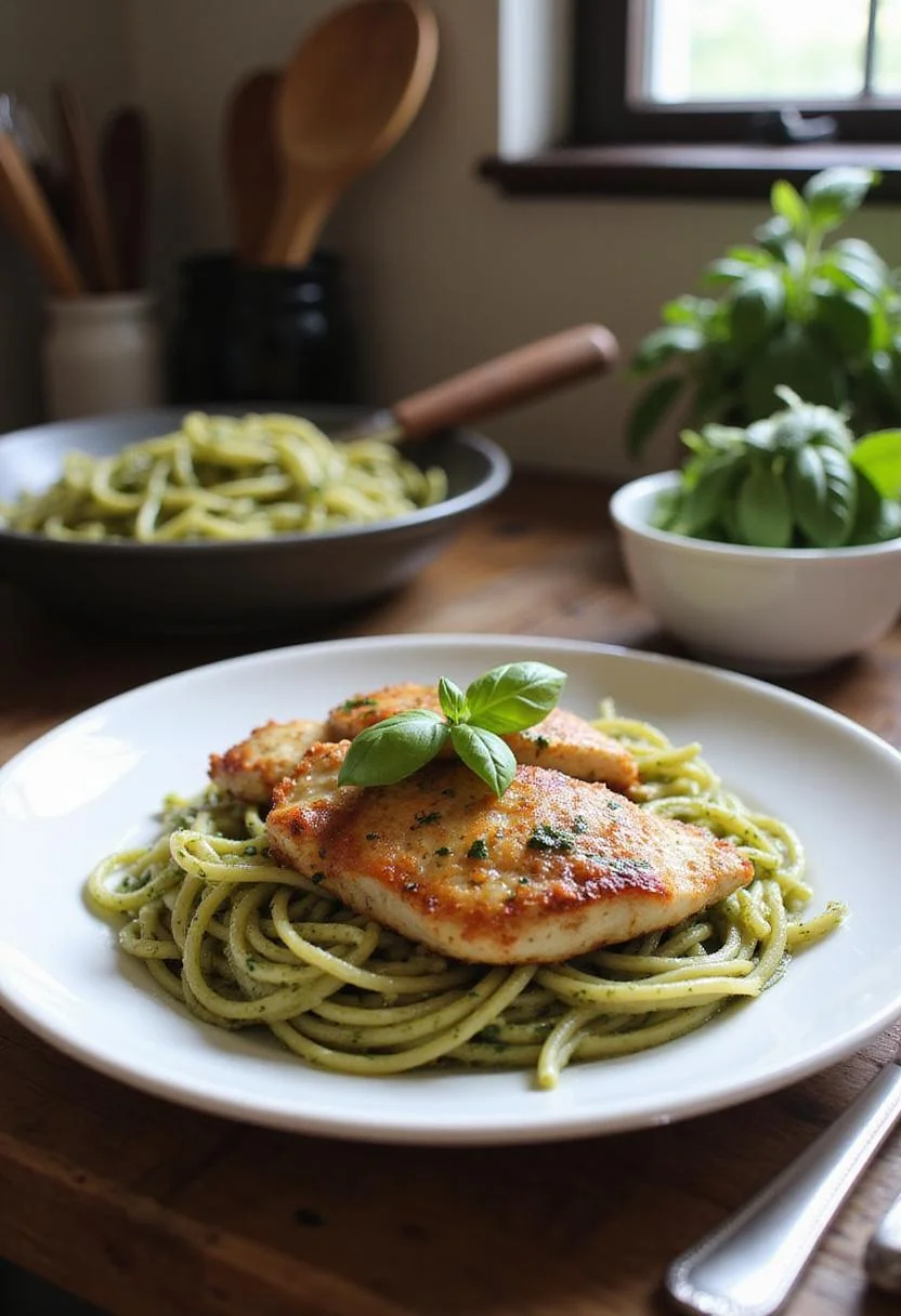 Realistic image of pesto pasta with Parmesan chicken on a kitchen countertop, styled with fresh basil and Parmesan, in a bright and clean kitchen environment.