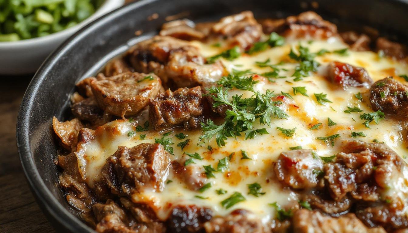 A sizzling skillet of Philly Cheesesteak features thinly sliced grilled beef topped with melted cheese, green bell peppers, and onions, all arranged neatly on a cast-iron pan with a golden-brown crust and vibrant colorful vegetables, showcasing a hearty and savory low carb meal.