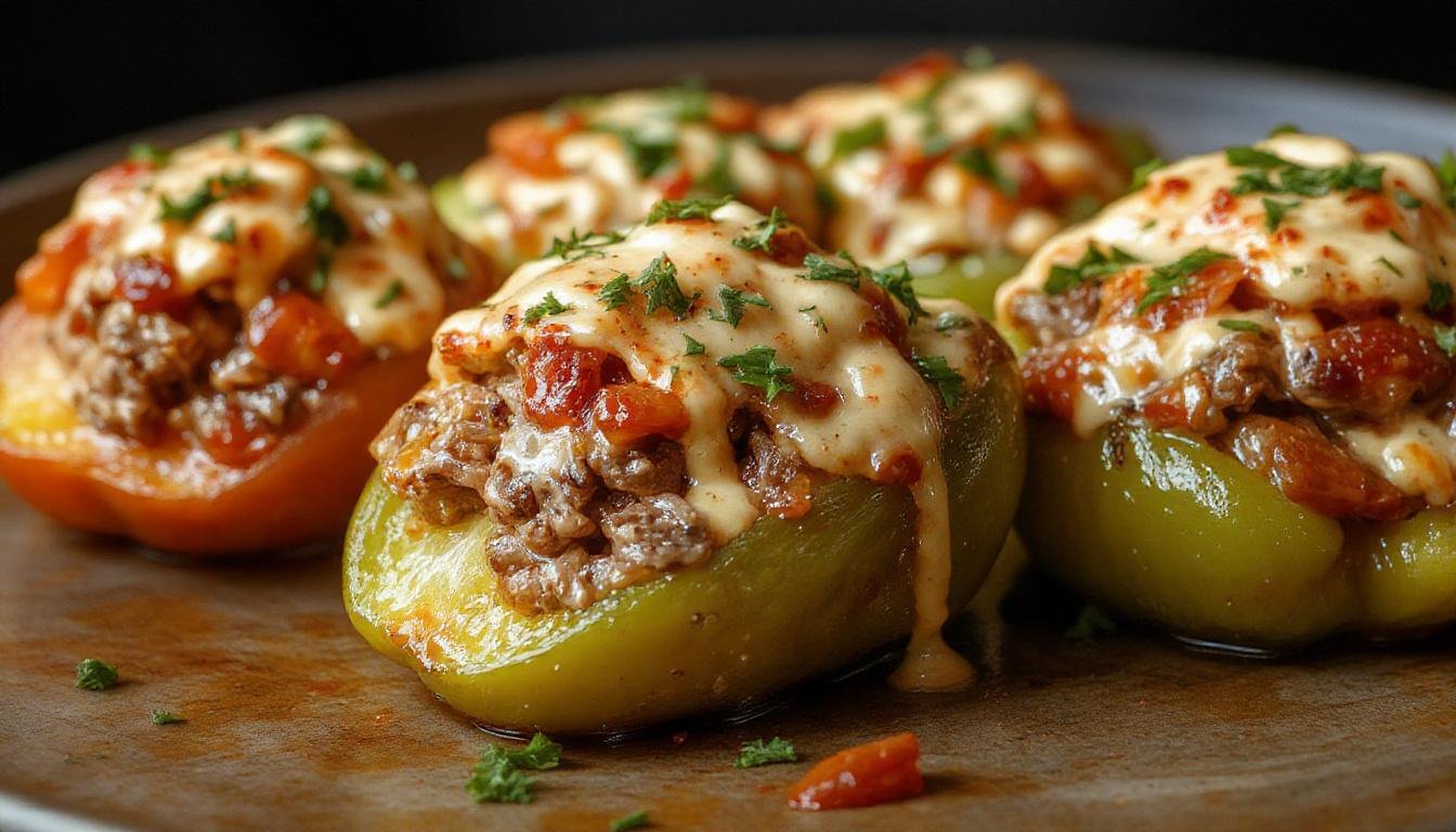 Colorful bell peppers filled with melted cheese and sliced beef, topped with diced onions and garnished with fresh herbs; the peppers are roasted to perfection with slightly charred edges and the filling is bubbling and golden.