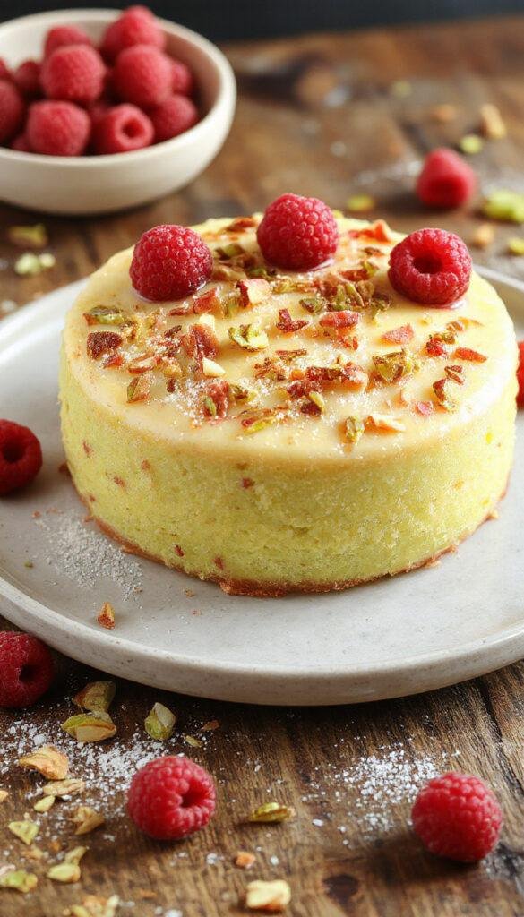 A slice of Pistachio Raspberry Cake showing layers of green pistachio sponge, raspberry filling, and topped with whipped cream and fresh raspberries.