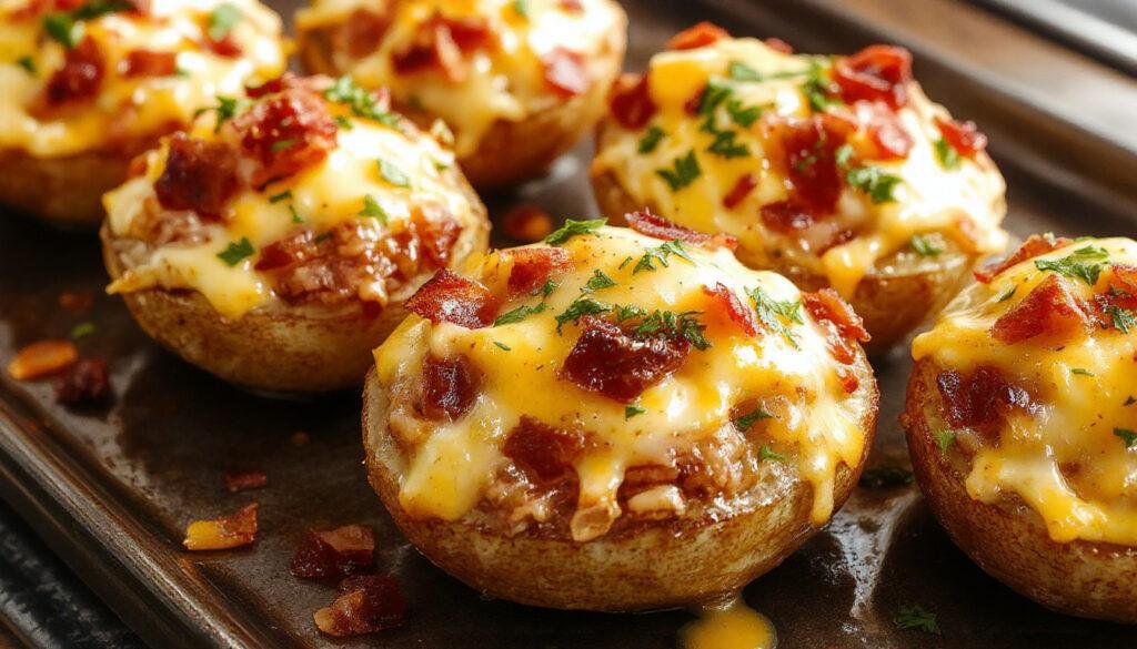 Golden-brown potato skins filled with melted cheese and crispy bacon bits, garnished with chopped green onions, arranged neatly on a white serving platter with a side of dipping sauce