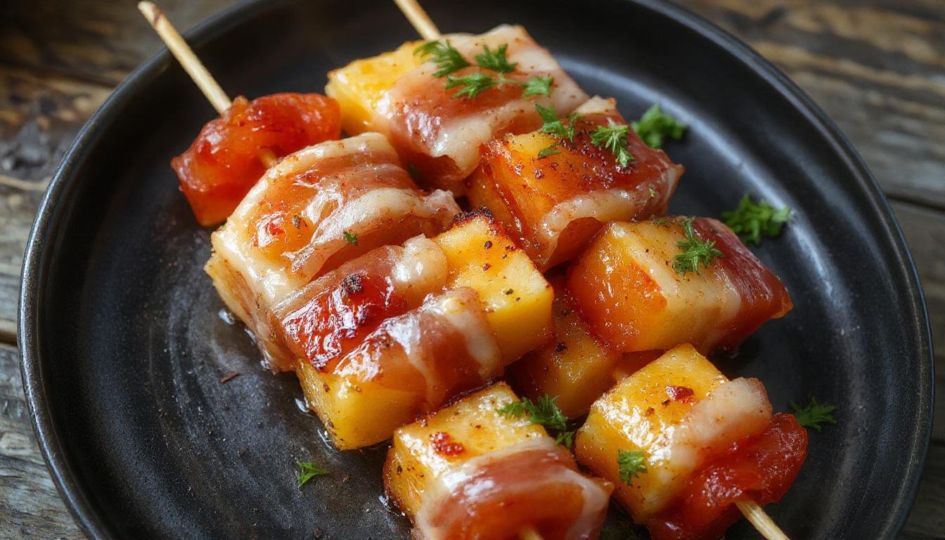 Close-up of skewers featuring thin slices of prosciutto wrapped around vibrant orange melon chunks, artistically arranged on a white palate, with a blurred background highlighting the fresh, juicy appearance of the ingredients.
