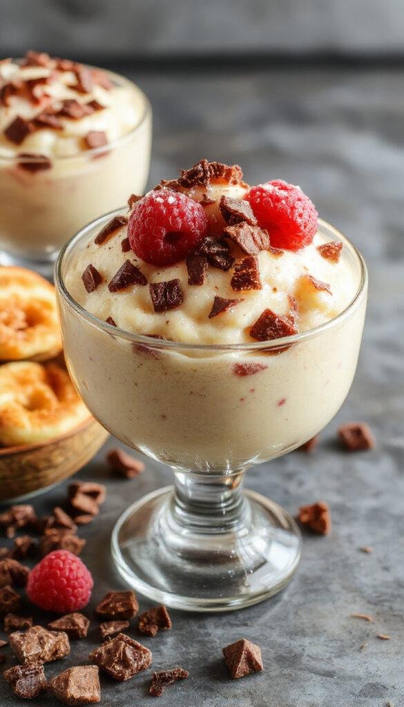 A glass bowl filled with creamy protein pudding topped with fresh berries and a sprinkle of nuts, showcasing its smooth texture and vibrant appearance.