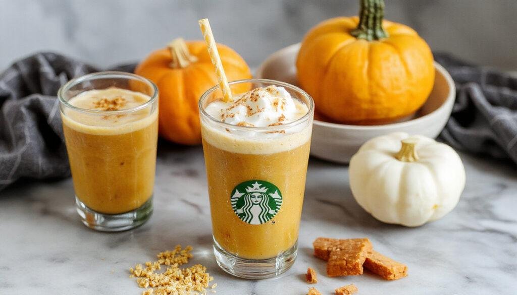 A clear glass filled with a dark cold brew coffee topped with a generous swirl of creamy orange pumpkin foam, garnished with a light dusting of cinnamon. The drink is served over ice, with a straw, showcasing the layered textures and warm fall colors.