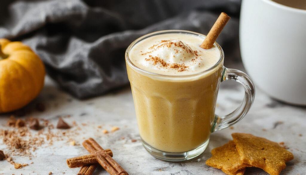 A steaming cup of pumpkin spice latte topped with whipped cream and a sprinkle of cinnamon, served in a clear glass mug with swirling pumpkin and spice aromas, set on a rustic wooden table with fall-themed decor in the background.