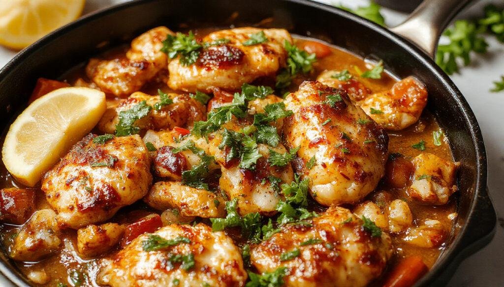 Colorful chicken fajitas sizzling in a skillet with vibrant red and green bell peppers, golden grilled chicken strips, and soft flour tortillas partially visible on the side, garnished with chopped cilantro.