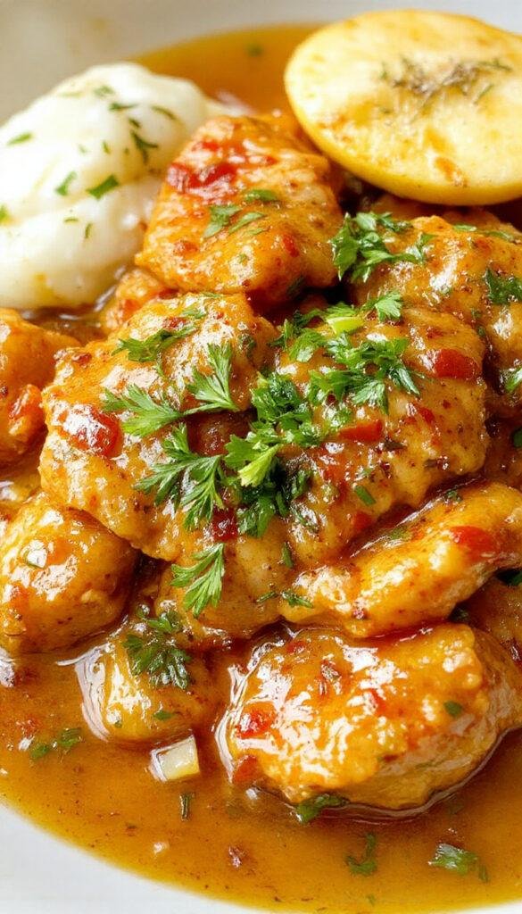 A plate of vibrant butter chicken served with steamed rice and fresh cilantro garnish, showcasing creamy, tender chicken pieces coated in rich tomato-based sauce.