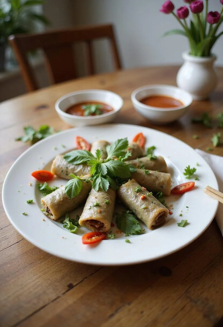 A cozy home setting with a plate of Thai Basil Beef Rolls neatly arranged, garnished with fresh basil and chili slices, served with dipping sauce on a wooden table, creating an inviting and flavorful dinner presentation.