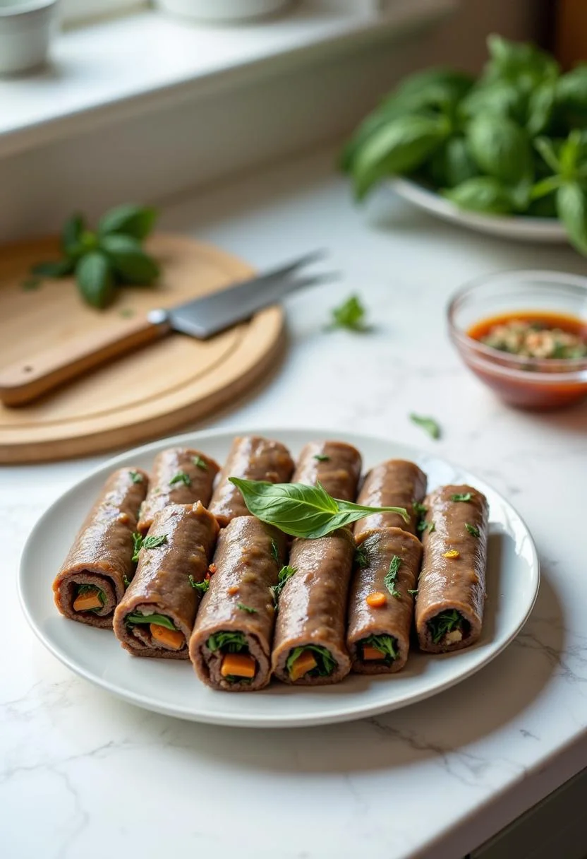 In a home kitchen setting, Thai Basil Beef Rolls are plated and sliced, showing the colorful herbs and beef filling, with kitchen tools and fresh basil in the background, creating a simple and appetizing scene.