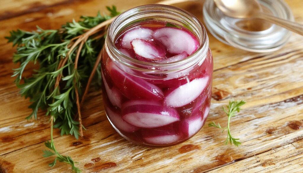 A glass jar filled with vibrant pink pickled red onions slices submerged in brine, surrounded by fresh onion slices and spices on a rustic wooden surface.