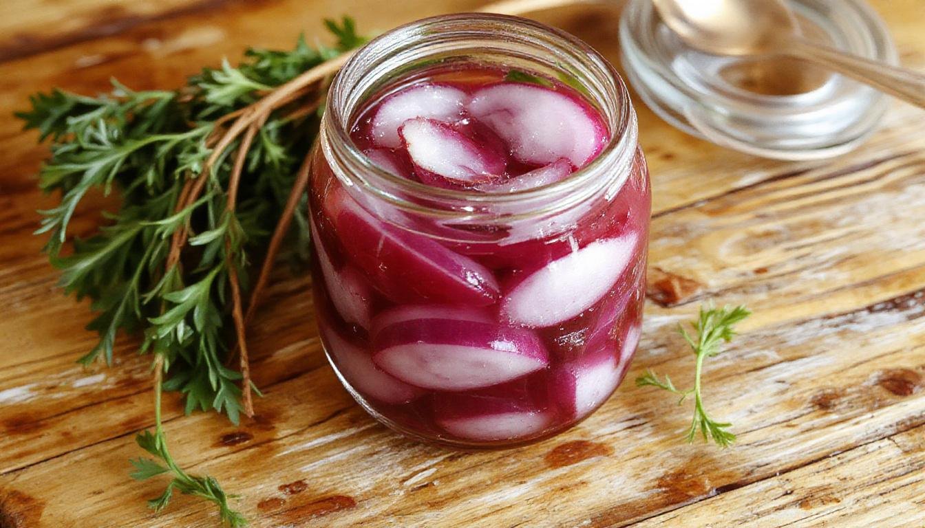 A glass jar filled with vibrant pink pickled red onions slices submerged in brine, surrounded by fresh onion slices and spices on a rustic wooden surface.