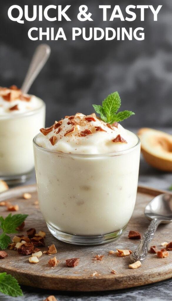 A glass bowl filled with creamy coconut chia pudding topped with fresh berries and shredded coconut, garnished with a sprig of mint.