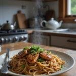 A plate of Quick and Flavorful Chicken Teriyaki Noodles on a wooden table in a cozy home kitchen, garnished with green onions and sesame seeds, with a warm, inviting atmosphere and kitchen utensils nearby.