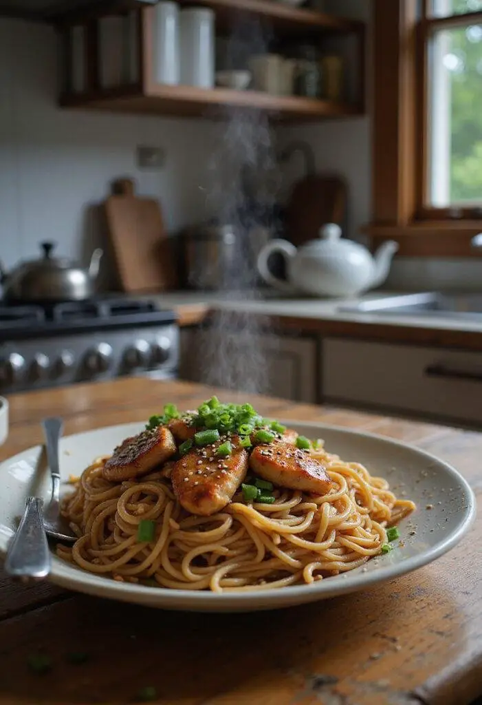A plate of Quick and Flavorful Chicken Teriyaki Noodles on a wooden table in a cozy home kitchen, garnished with green onions and sesame seeds, with a warm, inviting atmosphere and kitchen utensils nearby.