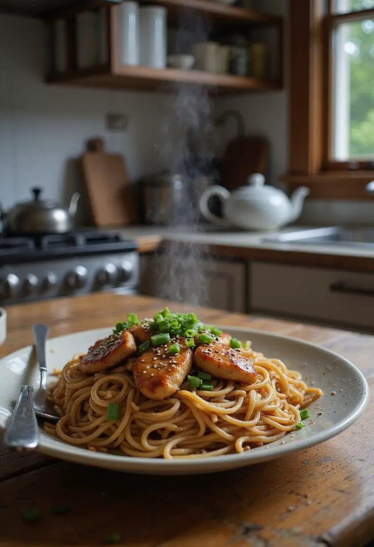 A plate of Quick and Flavorful Chicken Teriyaki Noodles on a wooden table in a cozy home kitchen, garnished with green onions and sesame seeds, with a warm, inviting atmosphere and kitchen utensils nearby.