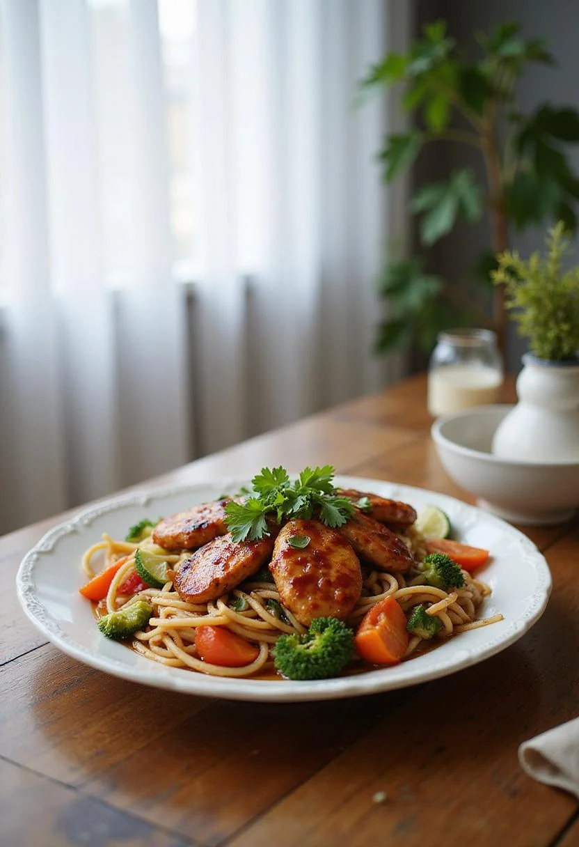A beautifully presented plate of Chicken Teriyaki Noodles with colorful vegetables and grilled chicken, on a home dining table with cozy decor, soft lighting, and a warm, inviting atmosphere.