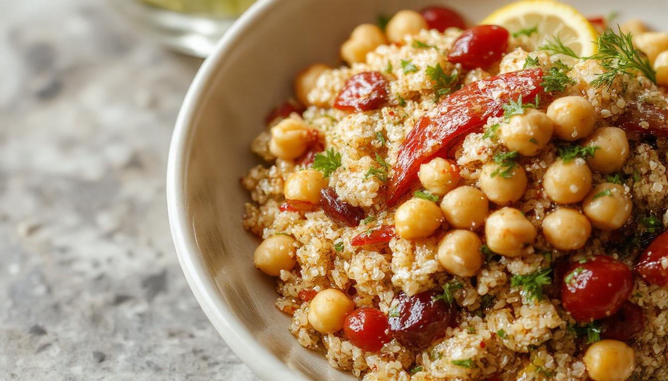 A vibrant quinoa salad in a white ceramic bowl, featuring fluffy quinoa grains, tender chickpeas, diced cucumbers, cherry tomatoes, and fresh herbs, drizzled with a lemon vinaigrette. The colorful ingredients are artfully arranged, with a sprinkle of chopped parsley on top, and the salad is set against a rustic wooden background with a lemon wedge beside the bowl.