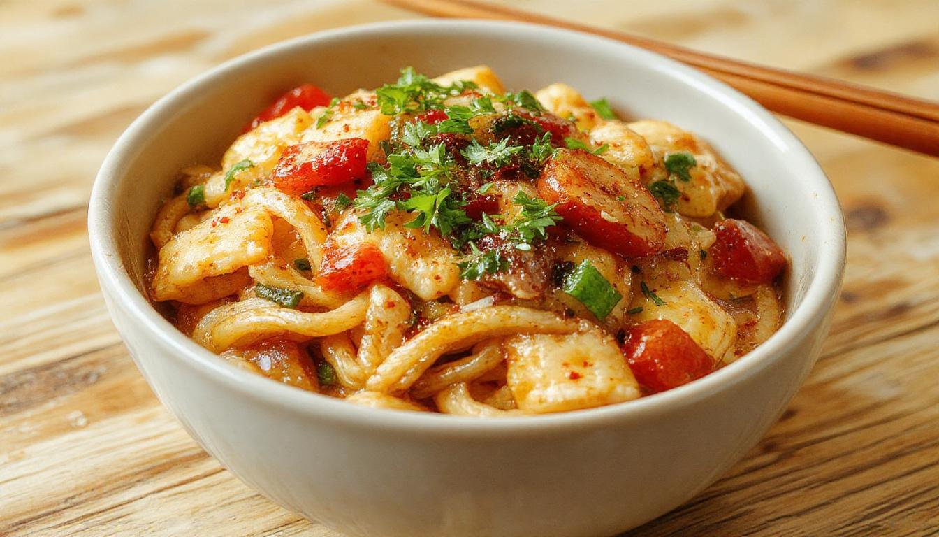 A vibrant bowl of ramen noodle stir fry featuring golden-brown crispy noodles topped with colorful vegetables like red bell peppers, green scallions, and orange carrots. The dish is garnished with sesame seeds and fresh herbs, presented in a rustic bowl with a pair of chopsticks resting on the side.