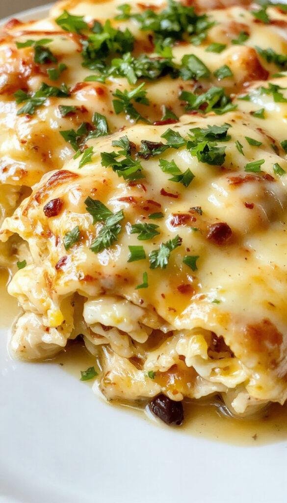 Golden baked Ranch Chicken Enchiladas garnished with fresh herbs served on a plate