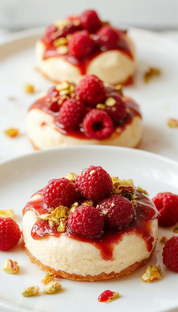 Elegant Raspberry Pistachio Mousse Cakes with a layered look, topped with fresh raspberries and crushed pistachios, showcasing a creamy and colorful dessert.