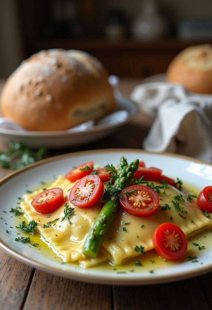 Plate of ravioli with tomatoes, asparagus, garlic, and herbs, styled in a cozy home setting with rustic charm, fresh ingredients, and warm lighting.