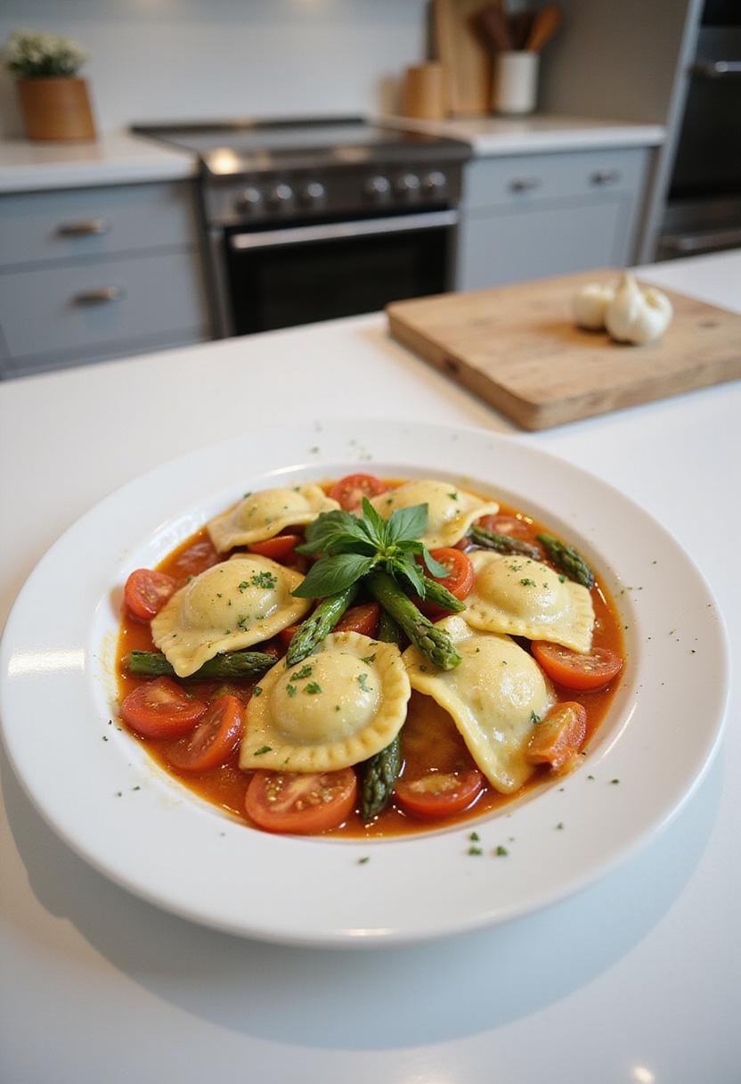 Ravioli dish with fresh tomatoes and asparagus in a well-organized kitchen scene, showcasing the plated meal with a bright, clean setting and natural kitchen elements.