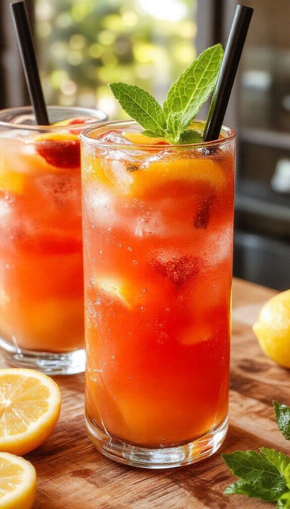 A tall glass of refreshing homemade peach lemonade garnished with a lemon slice and fresh peach slices, with ice cubes and mint leaves