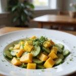 A fresh mango cucumber salad presented on a white plate in a cozy home kitchen setting, with diced mango and sliced cucumber garnished with herbs and dressing, illuminated by natural sunlight.