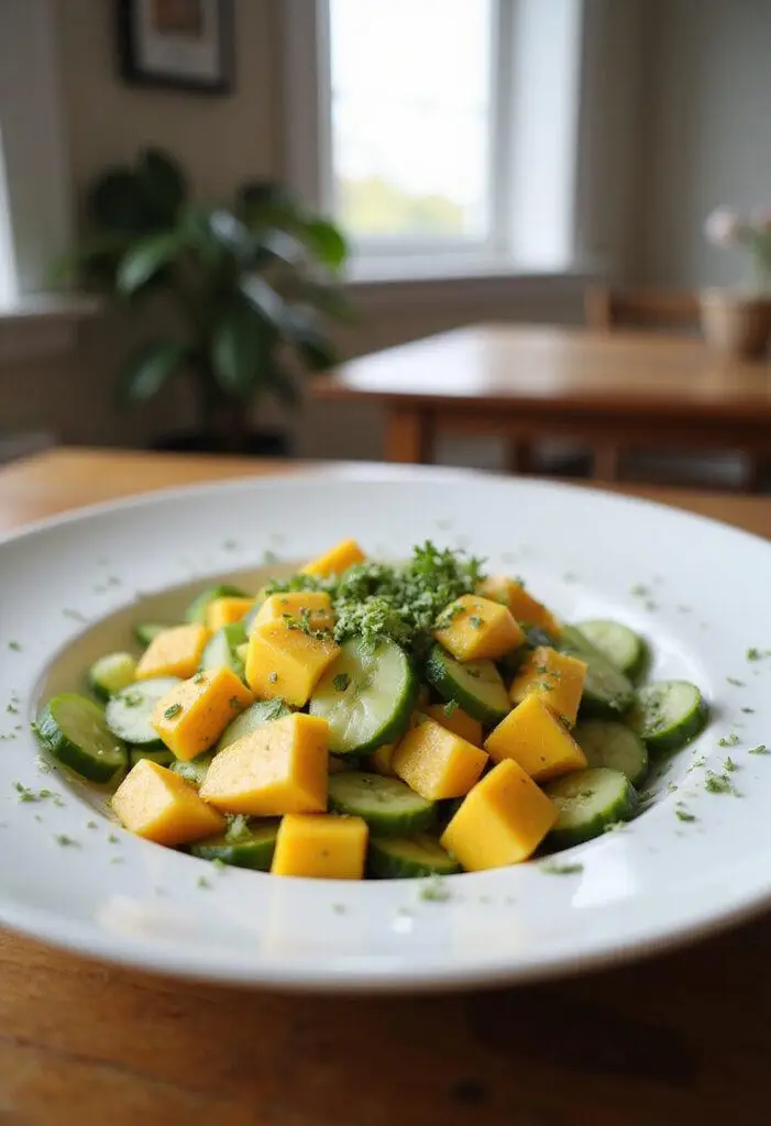 A fresh mango cucumber salad presented on a white plate in a cozy home kitchen setting, with diced mango and sliced cucumber garnished with herbs and dressing, illuminated by natural sunlight.