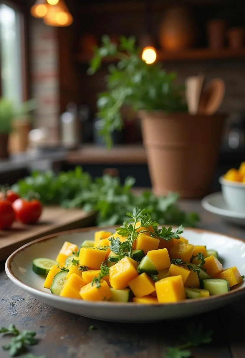 A realistic image of a mango cucumber salad on a ceramic plate in a rustic kitchen setting, featuring diced mango and cucumber slices with herbs and dressing, displayed on a countertop with utensils and warm lighting.