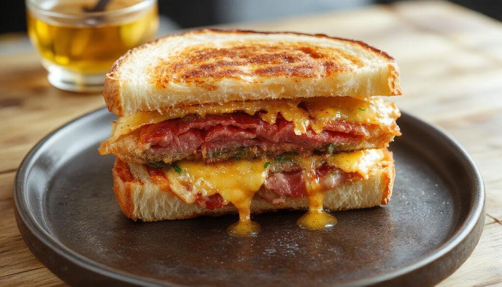 A close-up of a Reuben sandwich on rye bread, visibly layered with slices of corned beef, melted Swiss cheese, sauerkraut, and topped with Russian dressing, all assembled on toasted rye slices with crispy edges and fresh dill garnish, presented on a rustic wooden board.