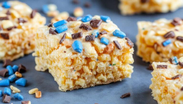 A close-up of golden-brown Rice Krispie Treats arranged on a rustic wooden surface, with a few pieces broken to reveal the crispy, marshmallow-infused interior. The treats are neatly cut into squares with slightly rounded edges, showcasing their chewy texture and glossy marshmallow coating. Soft natural light highlights the crisp texture and buttery hue of the treats, with some crumbs scattered around for visual interest.