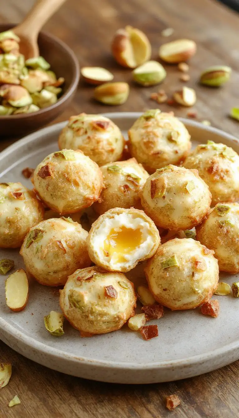 Close-up of Ricotta Pistachio Honey Bites showcasing creamy ricotta filling, crunchy pistachios, and a drizzle of honey on a white plate