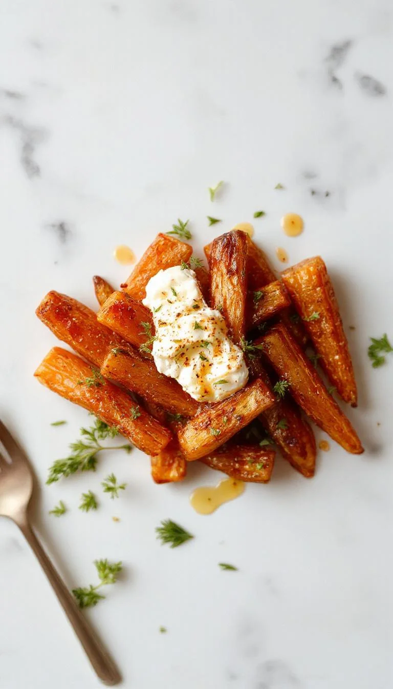A beautifully plated dish of roasted carrots topped with creamy whipped ricotta and drizzled with warm hot honey, garnished with fresh herbs.
