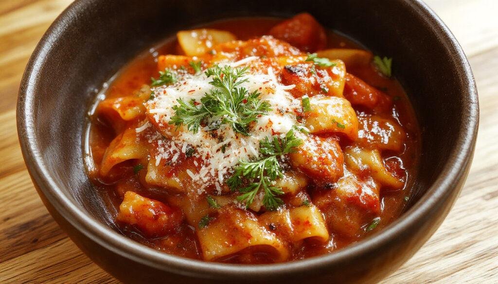 A bowl of vibrant red roasted pepper pasta sauce draped over al dente spaghetti, garnished with fresh basil leaves and a drizzle of olive oil, with a rustic wooden background and steam gently rising.