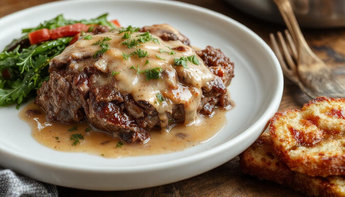A plated Salisbury steak with a rich mushroom gravy, garnished with fresh herbs, served alongside buttery mashed potatoes with a sprig of parsley on top. The steak features a browned crust, the gravy features sautéed mushroom slices, and the presentation is inviting and warm.